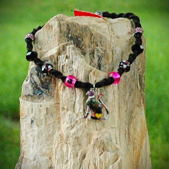 Bohemian Multi-color Kitty Cat on Handmade Black Hemp Choker 15" - Picture 1 of 4